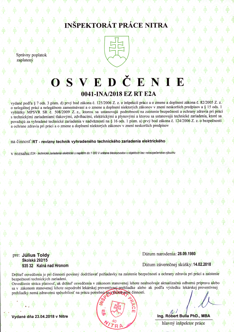 Osvedčenie revízny technik EZ RT E2A Július Toldy