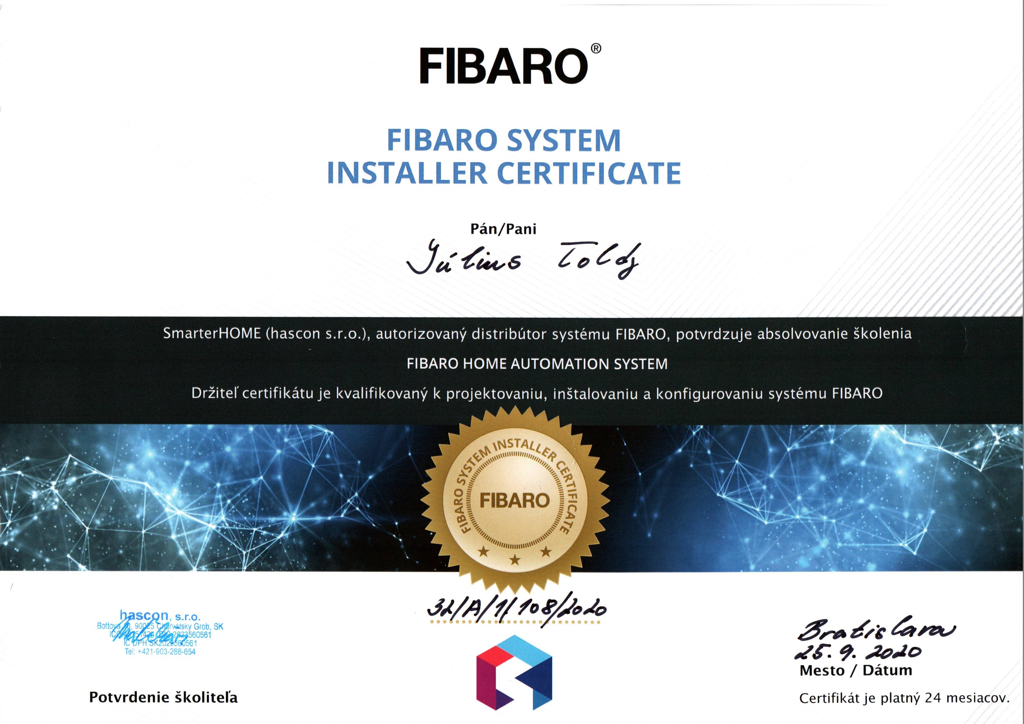 Fibaro System Installer Certificate Julius Toldy