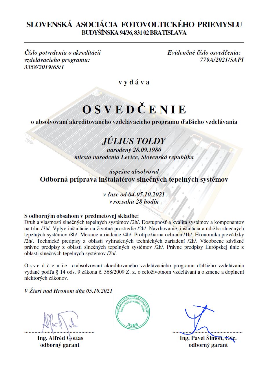 Osvedčenie fototermika Július Toldy