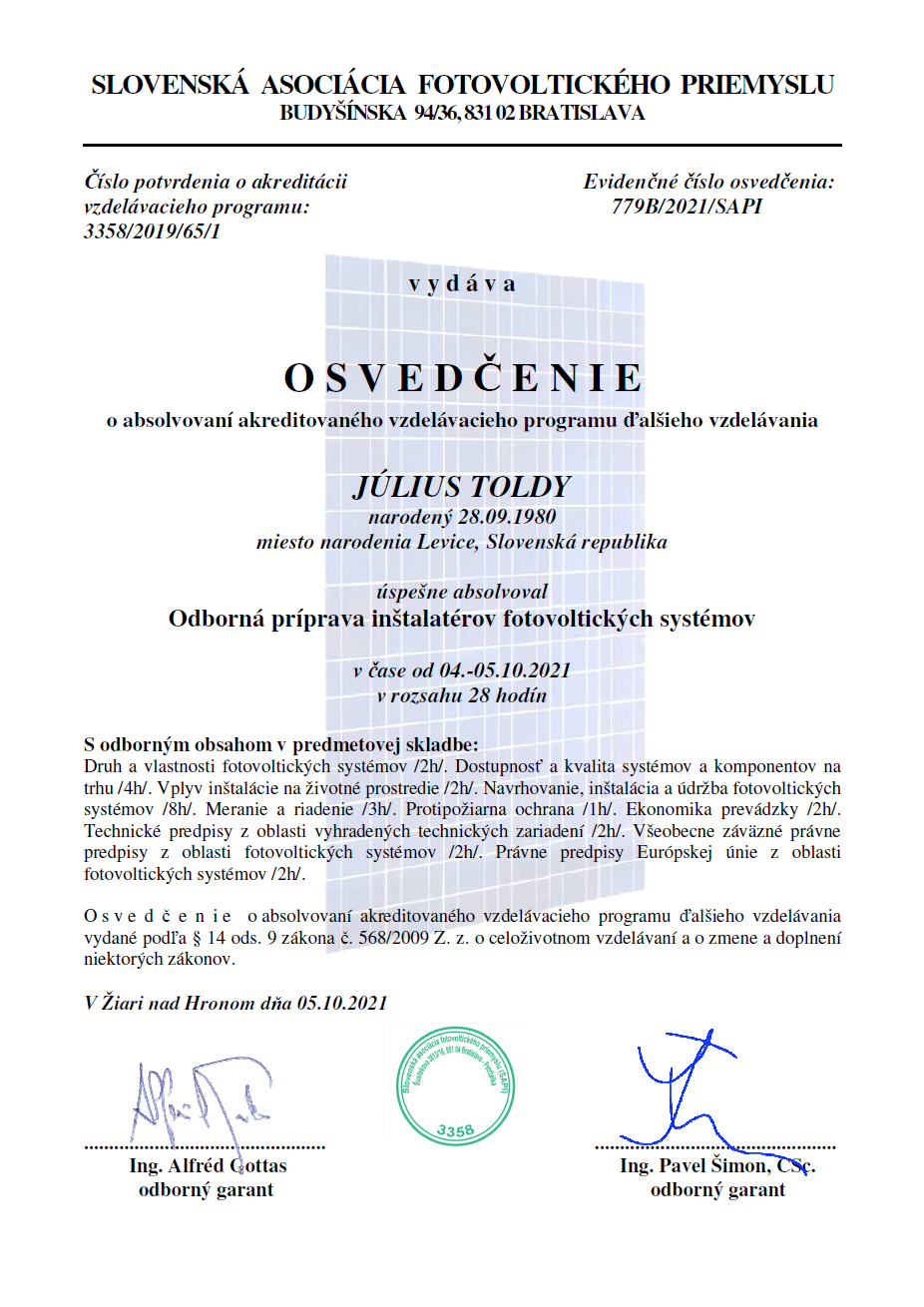 Osvedčenie fotovoltika Július Toldy