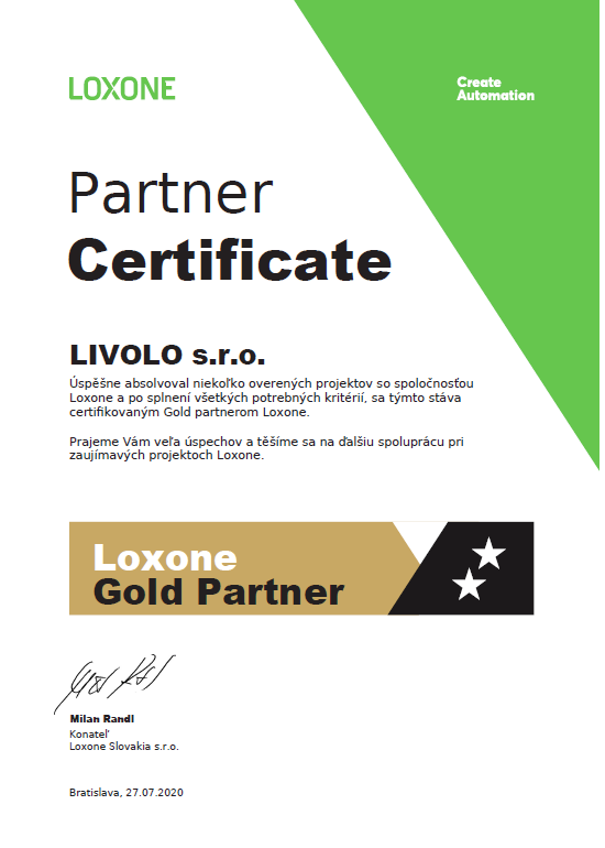 Loxone Gold Partner Certifikát