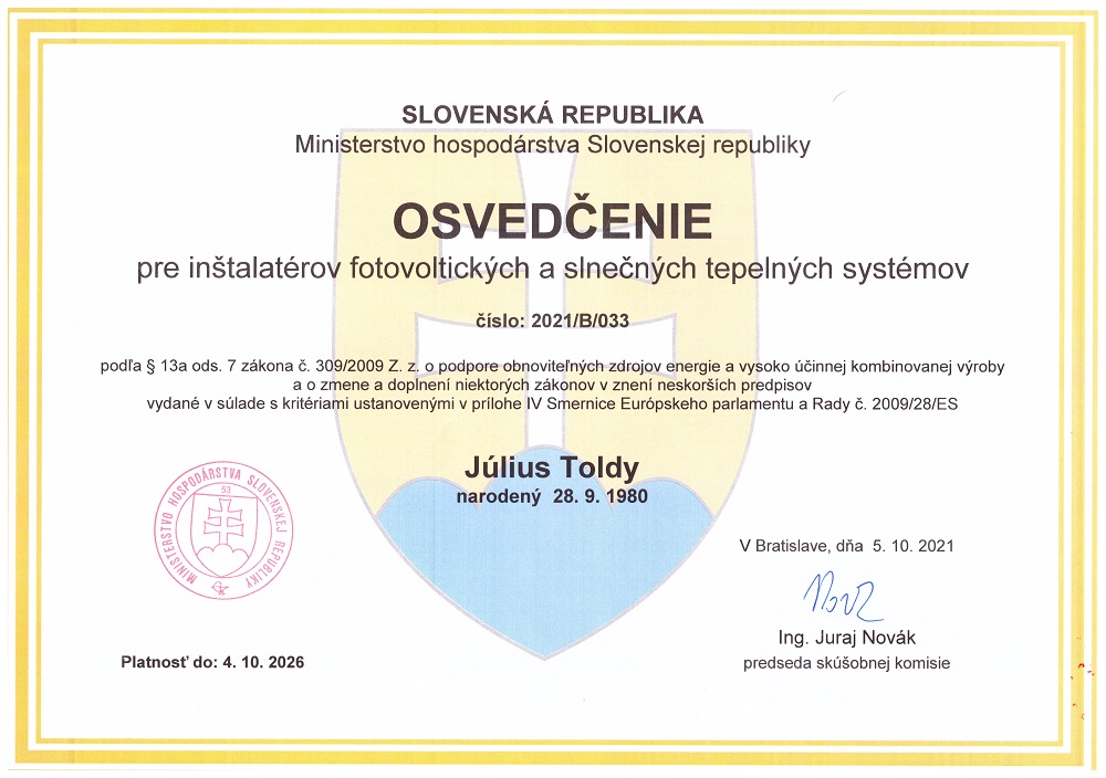 Osvedčenie Ministerstvo hospodárstva SR Július Toldy